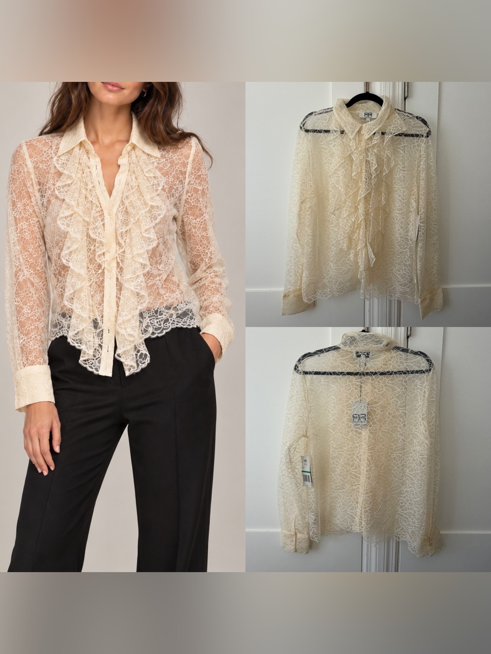 Robert Rodriguez Sheer Floral Ruffle Blouse Ivory Sz L